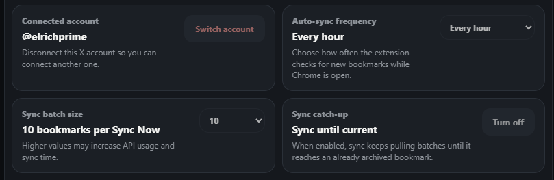 Settings panel showing connected account, auto-sync frequency, sync batch size, and sync catch-up options.
