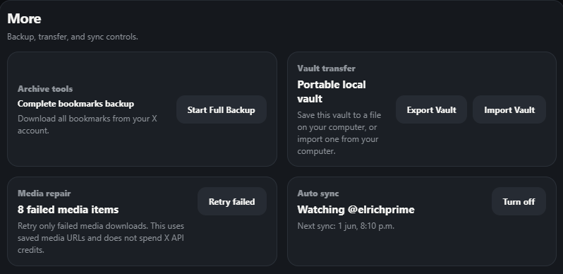 More options panel showing full backup, export, import, media repair, and auto sync controls.