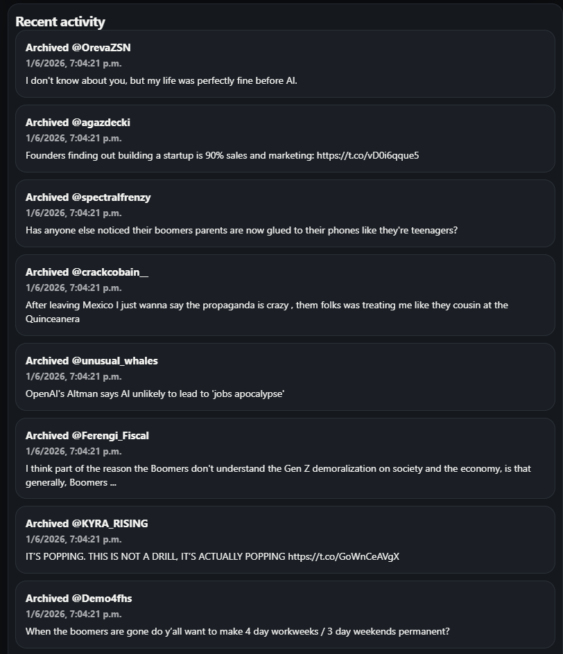 Recent activity list showing archived X bookmarks and timestamps.