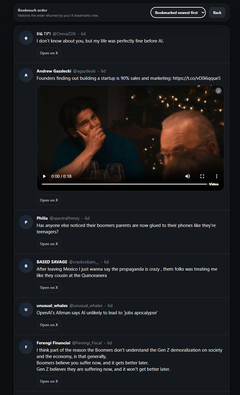 Vault viewer showing archived X posts, media, bookmark order controls, and open on X buttons.
